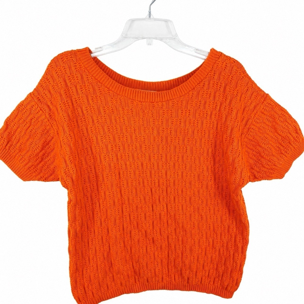 Vintage 80s Across America Sweater Women M Orange Short Sleeve Textured Knit